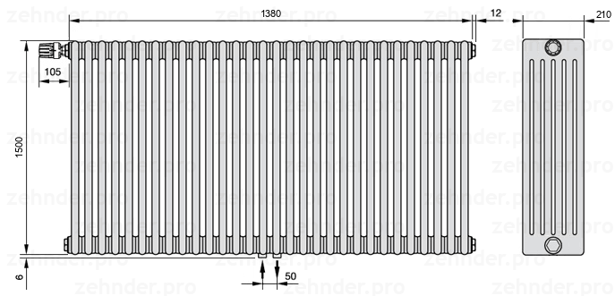 Схема (чертеж) Радиатор Zehnder Charleston 6150/30 №V007 Белый глянцевый RAL 9016
